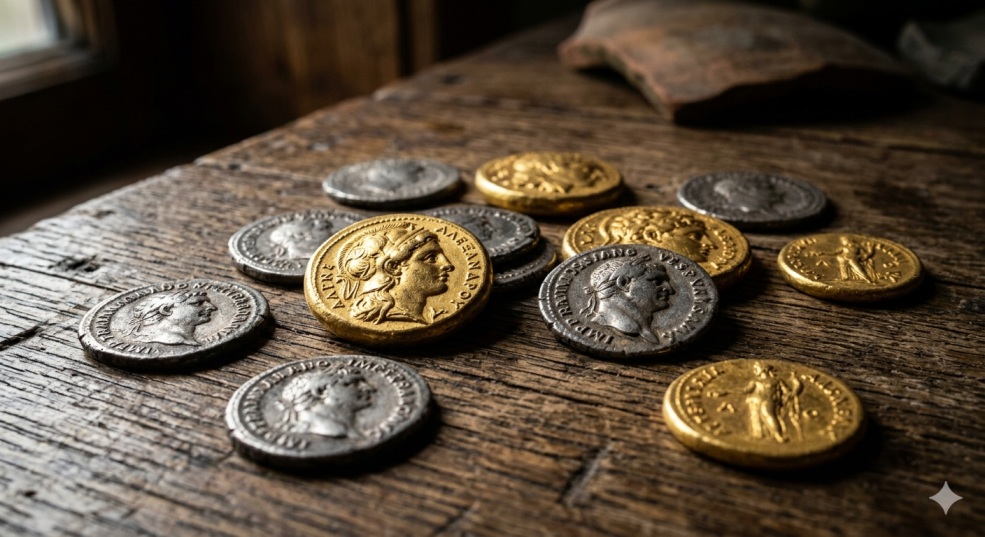 Moedas antigas de ouro e prata